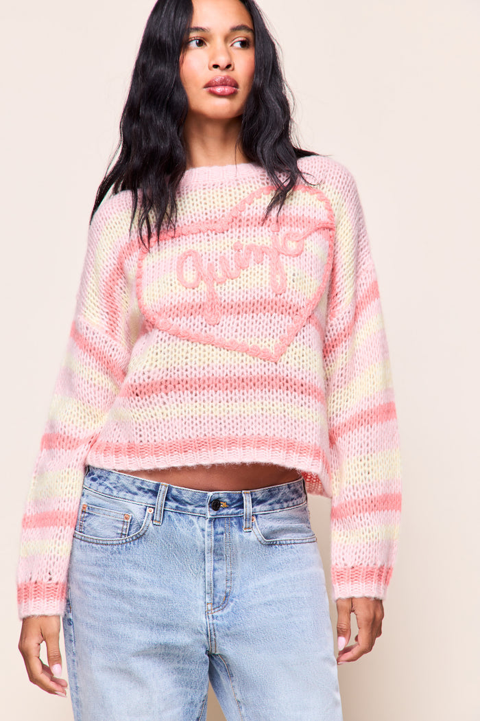 GUIZIO MOHAIR-BLEND HEART SWEATER in Pink Coral Yellow Stripe