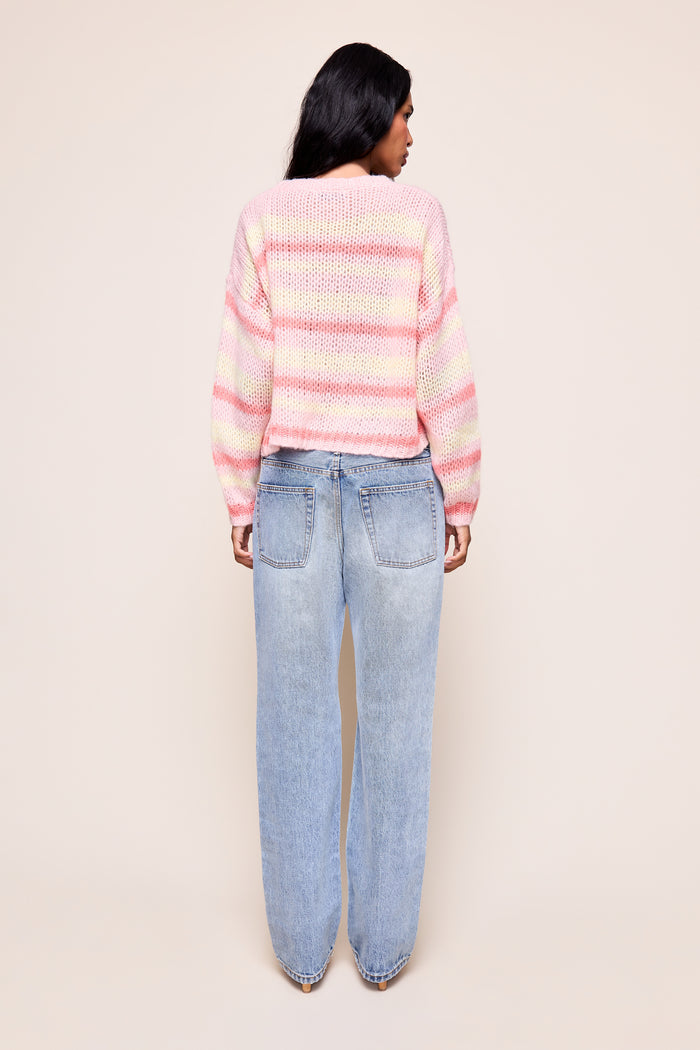 GUIZIO MOHAIR-BLEND HEART SWEATER in Pink Coral Yellow Stripe