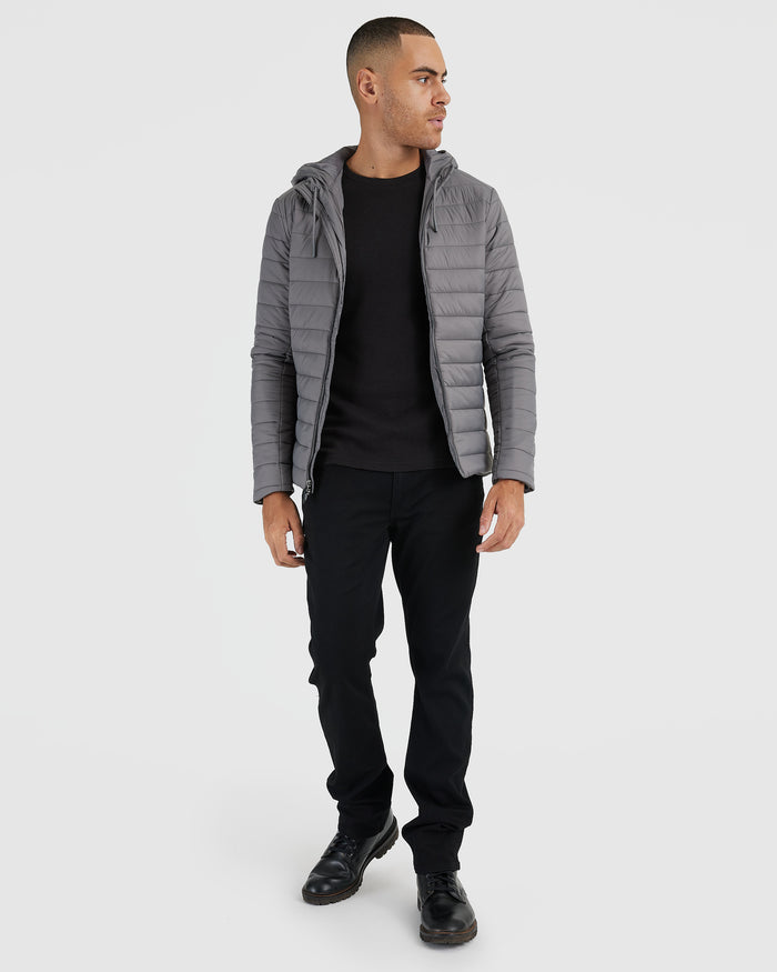 Gunmetal Hooded Puffer Jacket worn open by male model.