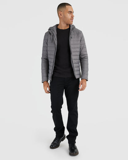 Gunmetal Hooded Puffer Jacket worn open by male model.