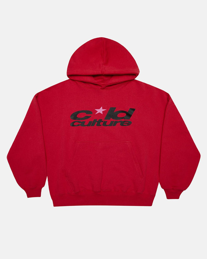 HARPER HOODIE OFF RED - red graphic print hoodie, front view - Cold Culture