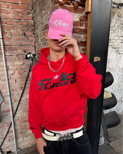 HARPER HOODIE OFF RED - red graphic print hoodie, street style shot - Cold Culture