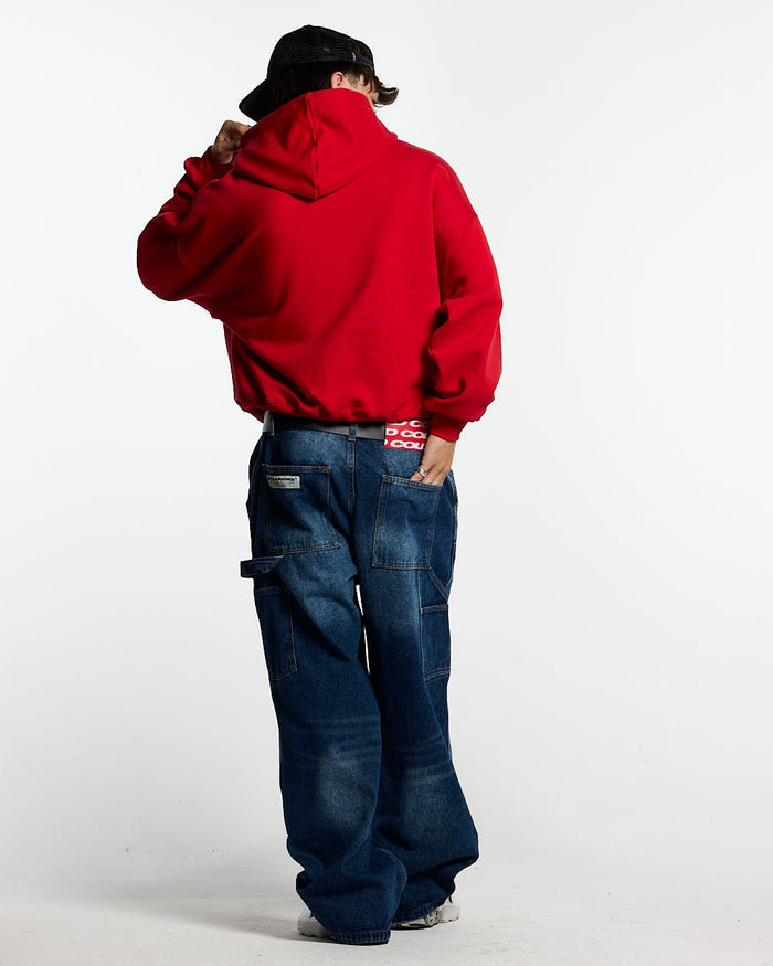 HARPER HOODIE OFF RED - red graphic print hoodie, back view on male model - Cold Culture #man