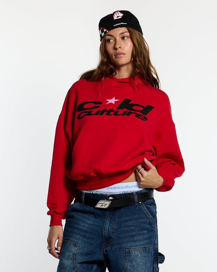 HARPER HOODIE OFF RED - red graphic print hoodie, front view on female model - Cold Culture #woman