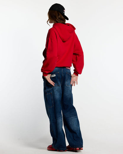 HARPER HOODIE OFF RED - red graphic print hoodie, back view on female model - Cold Culture #woman