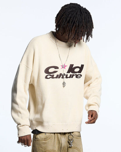 HARPER KNIT BEIGE & BROWN - beige graphic print knit sweater, front view on male model - Cold Culture #man