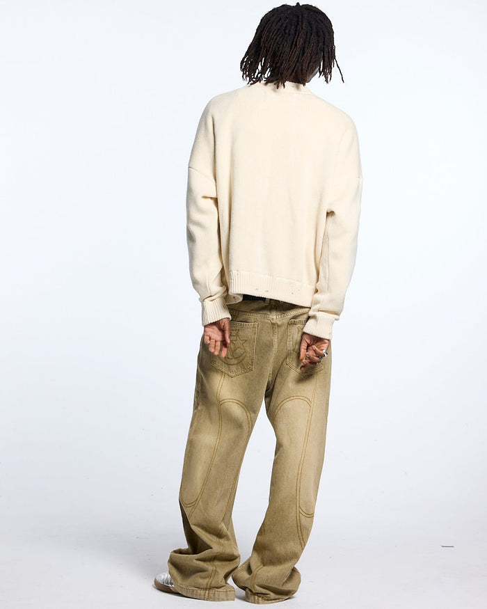 HARPER KNIT BEIGE & BROWN - beige graphic print knit sweater, back view on male model - Cold Culture #man