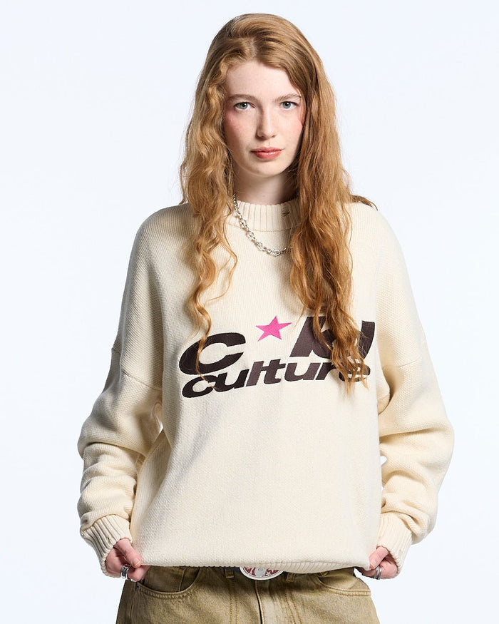 HARPER KNIT BEIGE & BROWN - beige graphic print knit sweater, front view on female model - Cold Culture #woman