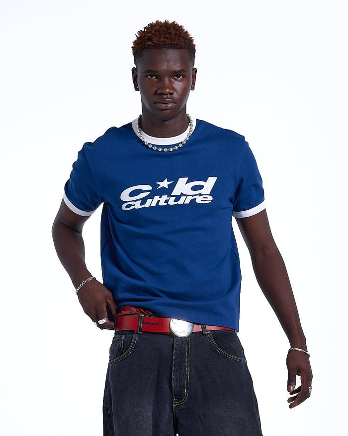 HARPER TEE DARK BLUE AND WHITE - blue and white ringer tee, front view on male model - Cold Culture #man