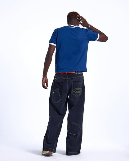HARPER TEE DARK BLUE AND WHITE - blue and white ringer tee, back view on male model - Cold Culture #man