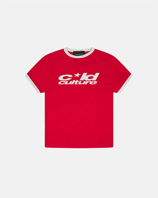 HARPER TEE RED AND WHITE - red and white ringer tee, front view - Cold Culture