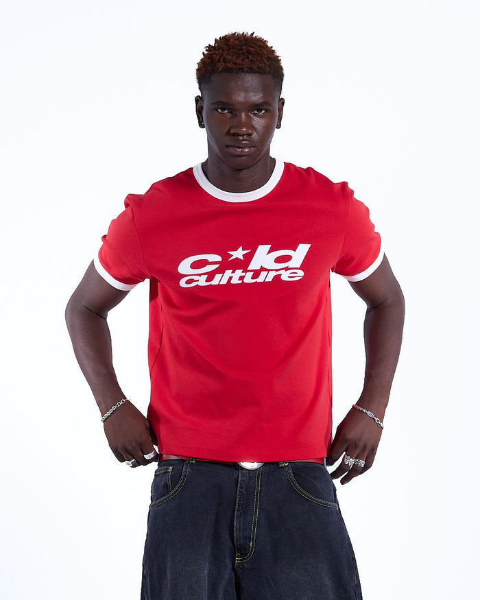 HARPER TEE RED AND WHITE - red and white ringer tee, front view on male model - Cold Culture #man