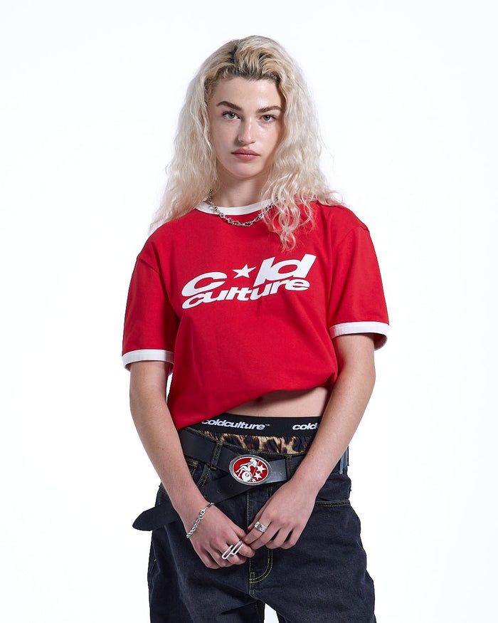 HARPER TEE RED AND WHITE - red and white ringer tee, front view on female model - Cold Culture #woman