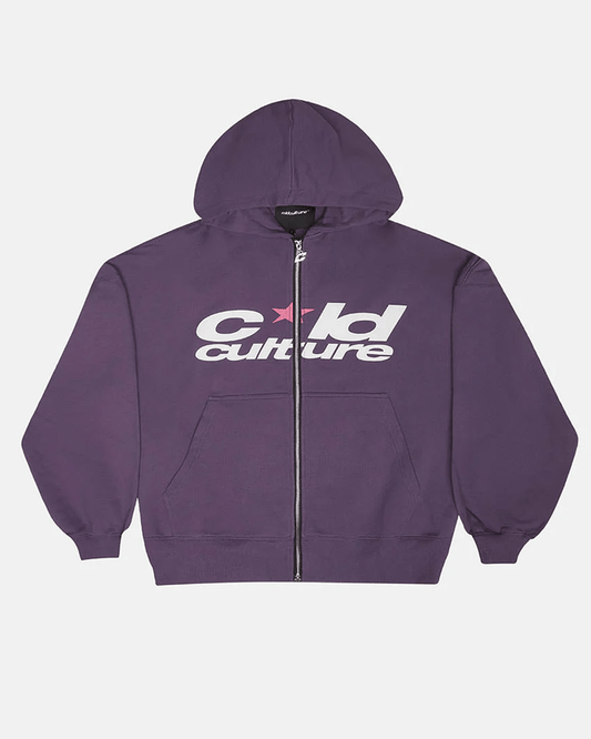 HARPER ZIP HOODIE PURPLE - purple graphic zip-up hoodie, front view - Cold Culture