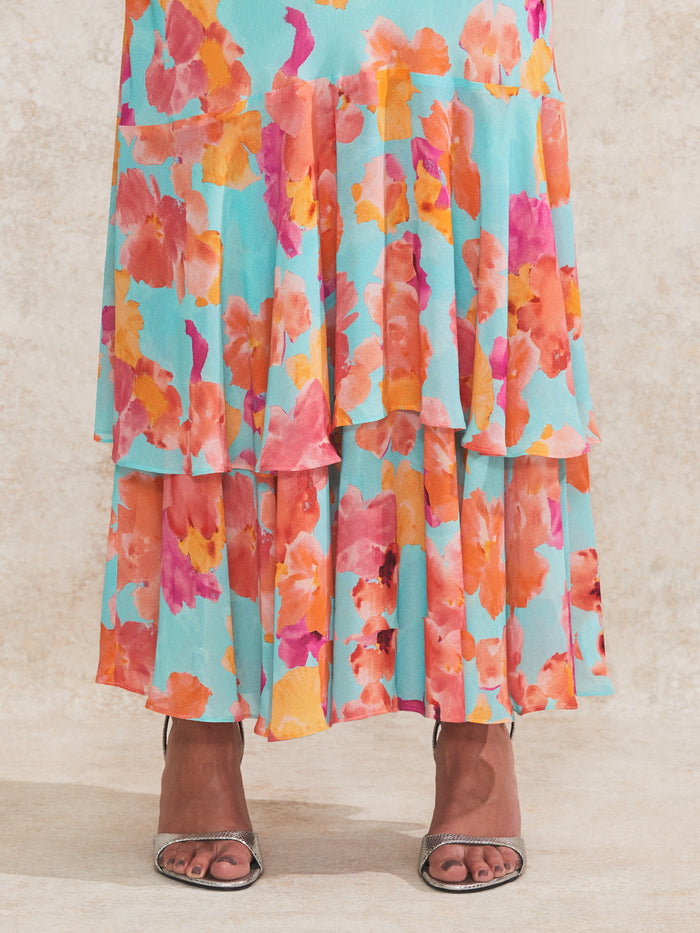 Hazel Blue And Pink Floral-Print Frill-Sleeve Dress
