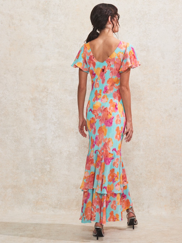 Hazel Blue And Pink Floral-Print Frill-Sleeve Dress