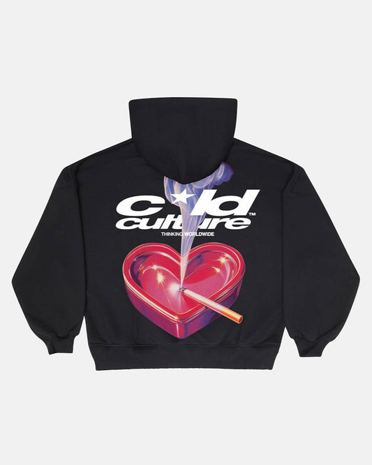 HEART ASHTRAY HOODIE BLACK - black graphic print hoodie, back view - Cold Culture