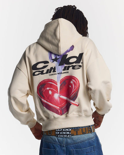HEART ASHTRAY HOODIE GREY - cream graphic print hoodie, back view on male model - Cold Culture #man