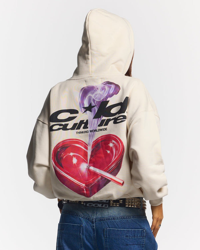 HEART ASHTRAY HOODIE GREY - cream graphic print hoodie, back view on female model - Cold Culture #woman