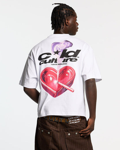 HEART ASHTRAY TEE WHITE - white graphic print tee, back view on male model - Cold Culture #man