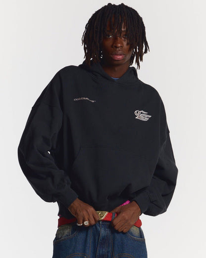 HYPERCHROME HOODIE BLACK - black oversized hoodie, front view on male model - Cold Culture #man