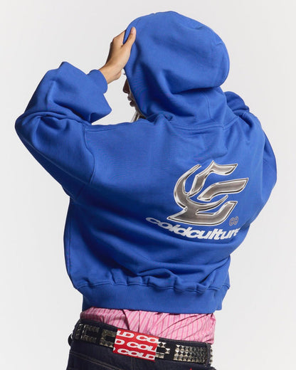 HYPERCHROME HOODIE ELECTRIC BLUE - blue oversized hoodie, back view on female model - Cold Culture #woman