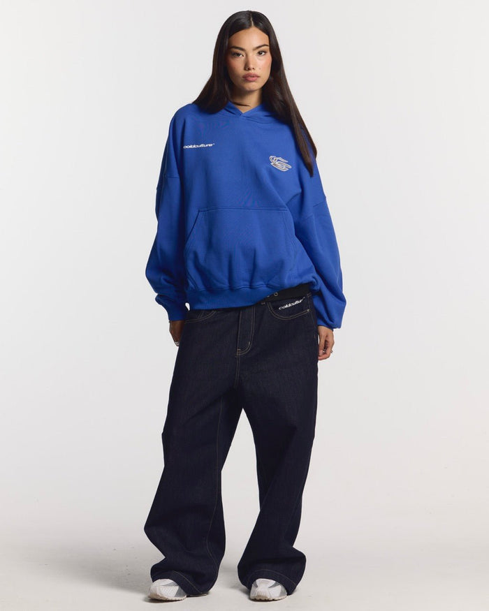 HYPERCHROME HOODIE ELECTRIC BLUE - blue oversized hoodie, front view on female model - Cold Culture #woman