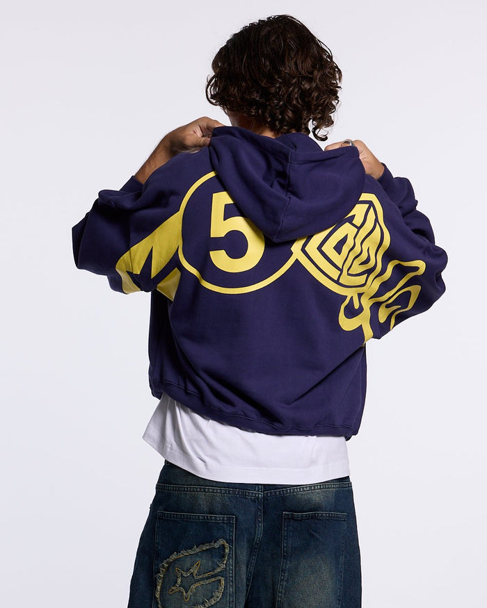 ICONIC COLD HOODIE NAVY BLUE - navy blue graphic print hoodie, back view on male model - Cold Culture #man