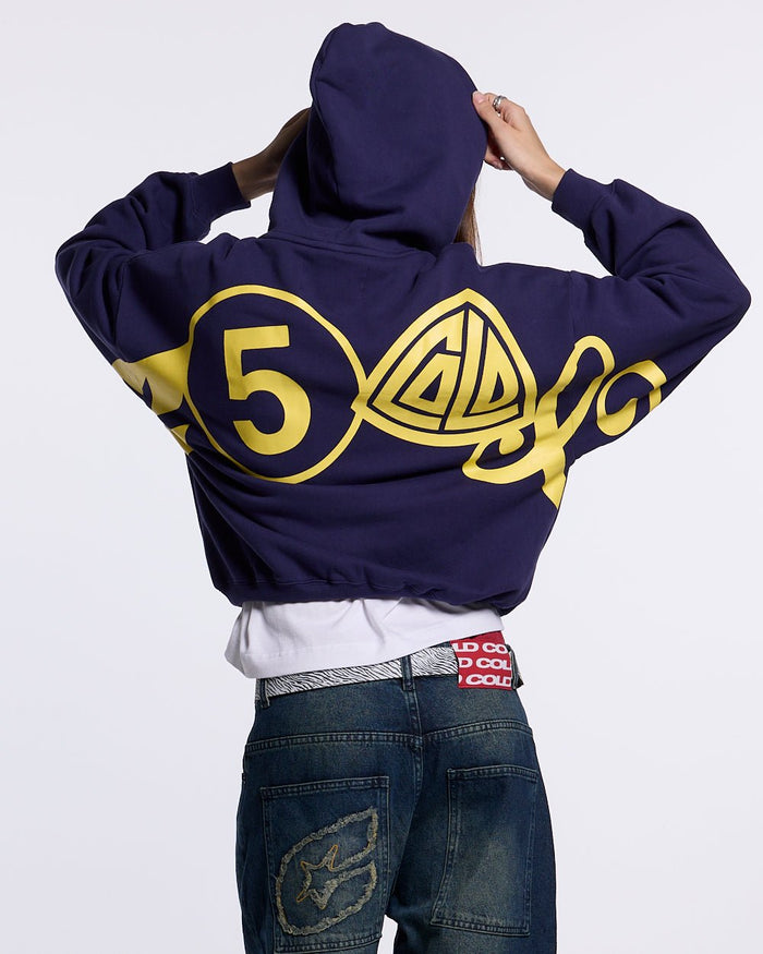 ICONIC COLD HOODIE NAVY BLUE - navy blue graphic print hoodie, back view on female model - Cold Culture #woman