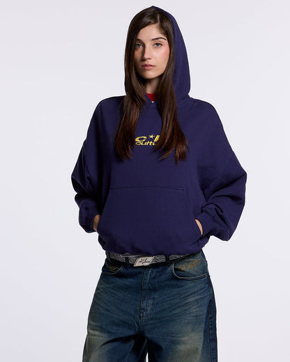 ICONIC COLD HOODIE NAVY BLUE - navy blue graphic print hoodie, front view on female model - Cold Culture #woman