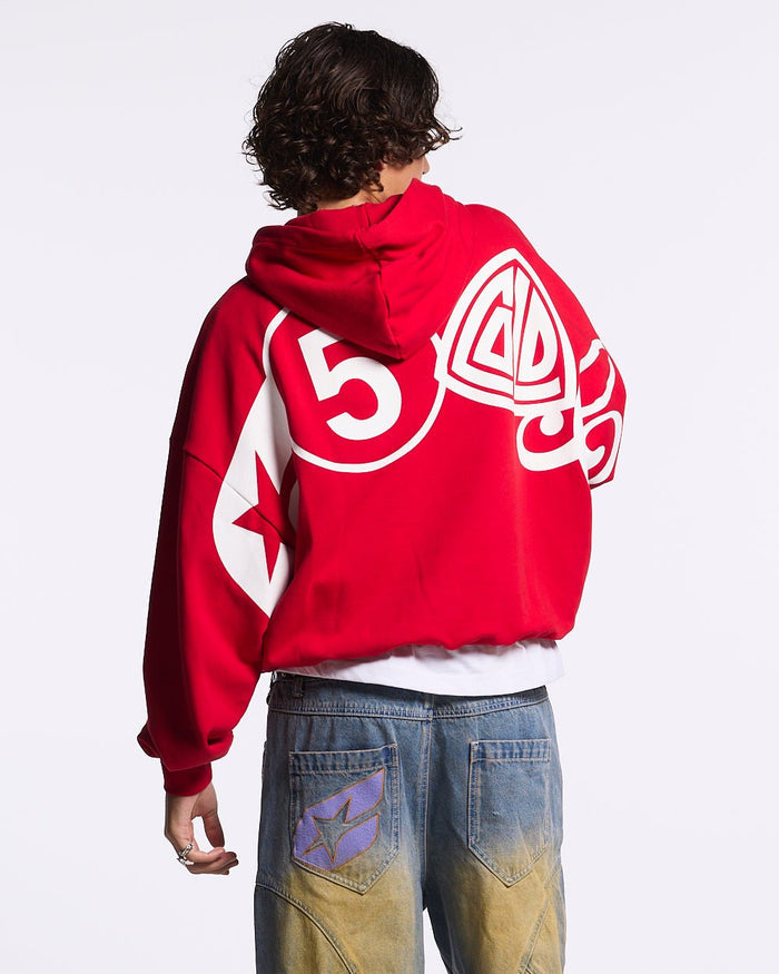 ICONIC COLD HOODIE RED - red graphic print hoodie, back view on male model - Cold Culture #man