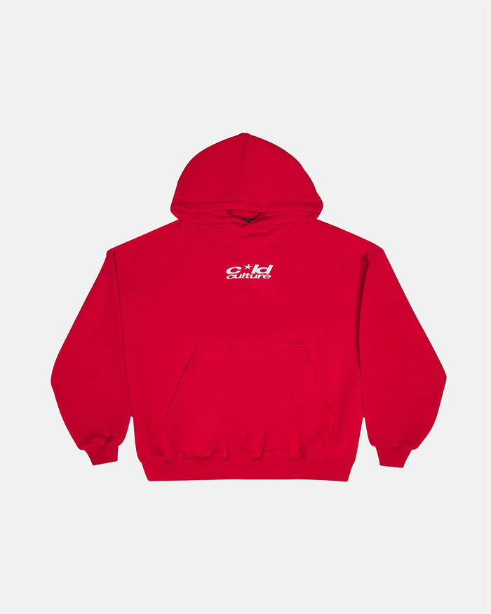 ICONIC COLD HOODIE RED - red graphic print hoodie, front view - Cold Culture