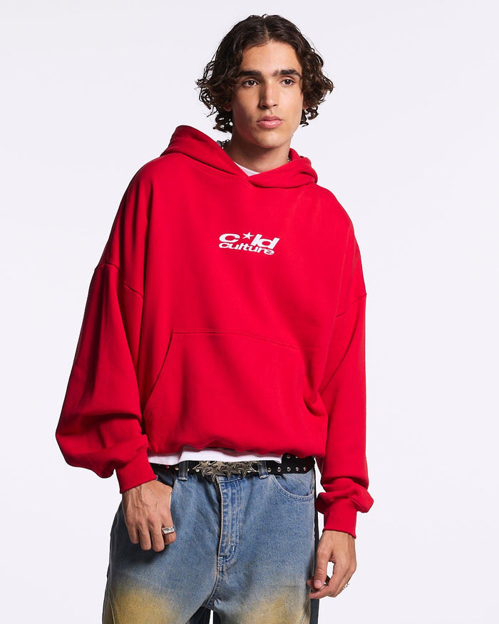 ICONIC COLD HOODIE RED - red graphic print hoodie, front view on male model - Cold Culture #man