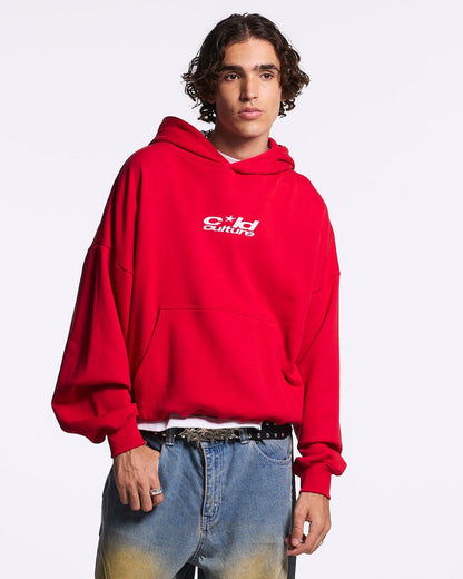 ICONIC COLD HOODIE RED - red graphic print hoodie, front view on male model - Cold Culture #man