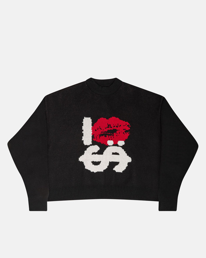KISSES AND DOLLAR KNIT BLACK - black graphic print knit sweater, front view - Cold Culture
