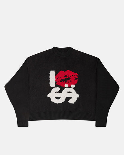 KISSES AND DOLLAR KNIT BLACK - black graphic print knit sweater, front view - Cold Culture