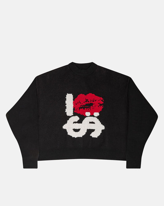KISSES AND DOLLAR KNIT BLACK - black graphic print knit sweater, front view - Cold Culture