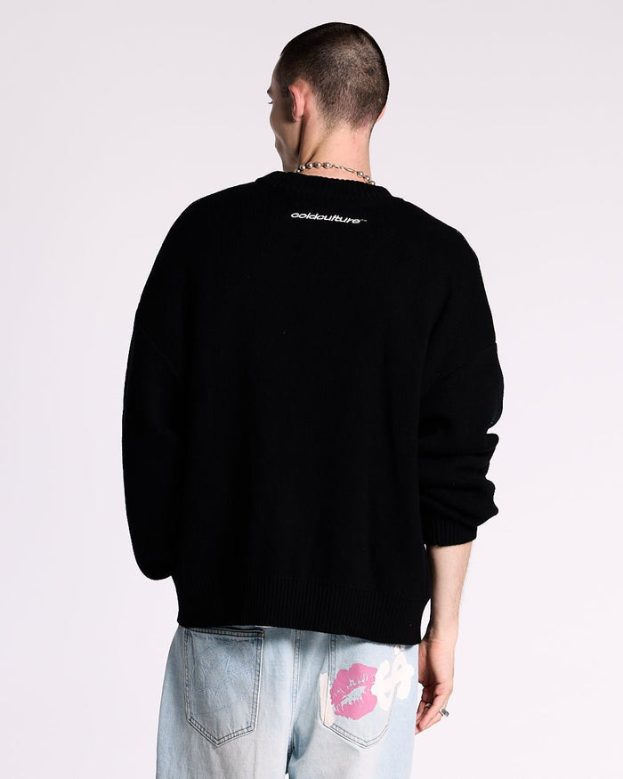 KISSES AND DOLLAR KNIT BLACK - black graphic print knit sweater, back view on male model - Cold Culture #man