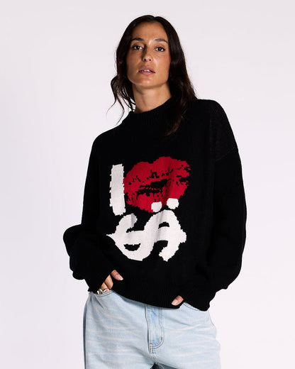KISSES AND DOLLAR KNIT BLACK - black graphic print knit sweater, front view on female model - Cold Culture #woman