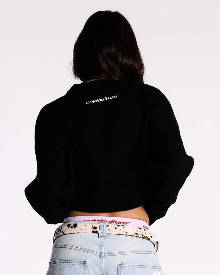 KISSES AND DOLLAR KNIT BLACK - black graphic print knit sweater, back view on female model - Cold Culture #woman