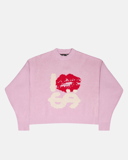 KISSES AND DOLLAR KNIT PINK - pink graphic print knit sweater, front view - Cold Culture