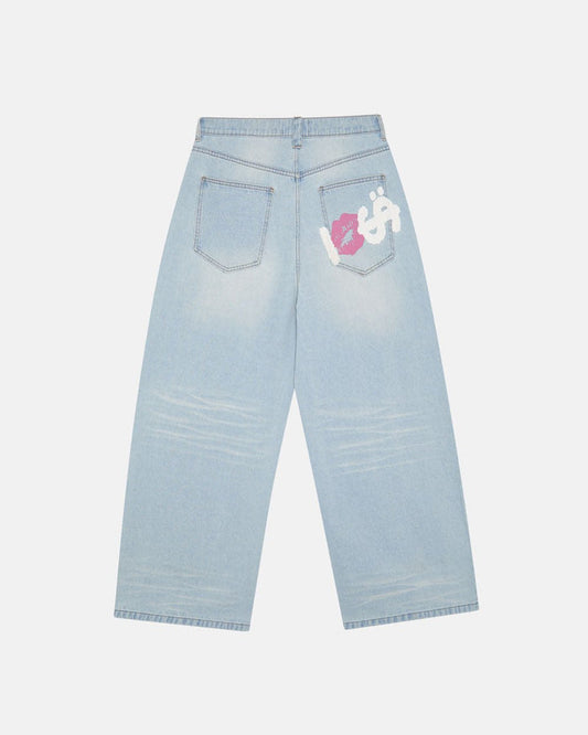 KISSES AND DOLLARS PANTS BLUE DENIM - light blue baggy denim pants, back view - Cold Culture