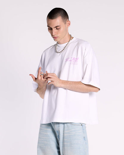 LACE UP TEE WHITE - white graphic print tee, front view on male model - Cold Culture #man