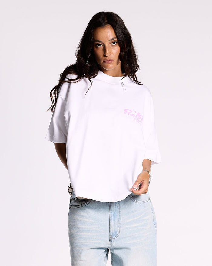 LACE UP TEE WHITE - white graphic print tee, front view on female model - Cold Culture #woman