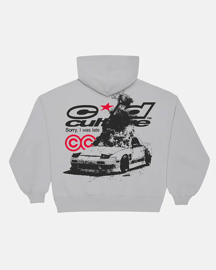 LATE HOODIE GREY - light grey graphic print hoodie, back view - Cold Culture