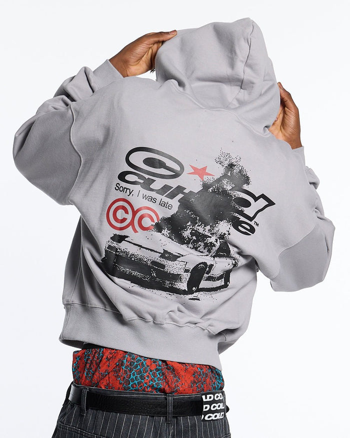 LATE HOODIE GREY - light grey graphic print hoodie, back view on male model - Cold Culture #man