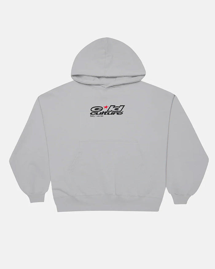 LATE HOODIE GREY - light grey graphic print hoodie, front view - Cold Culture