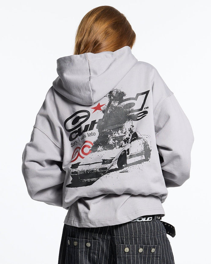 LATE HOODIE GREY - light grey graphic print hoodie, back view on female model - Cold Culture #woman