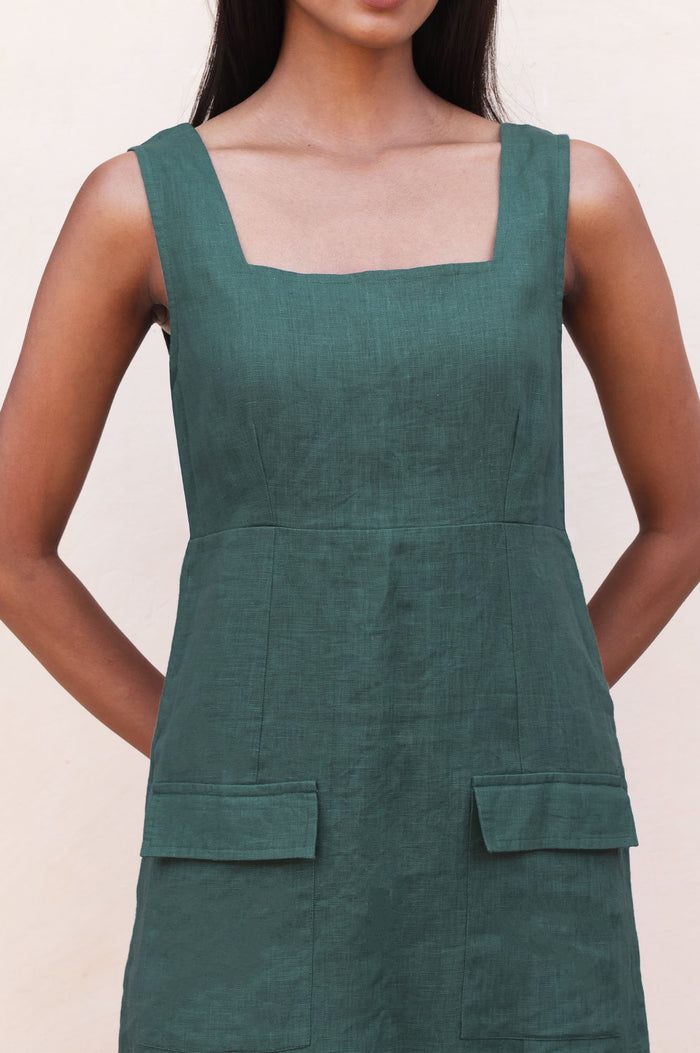Linen Patch Pocket Dress | Teal