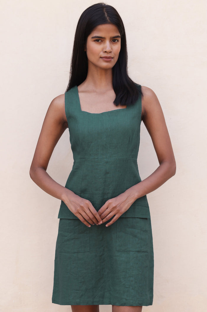 Linen Patch Pocket Dress | Teal